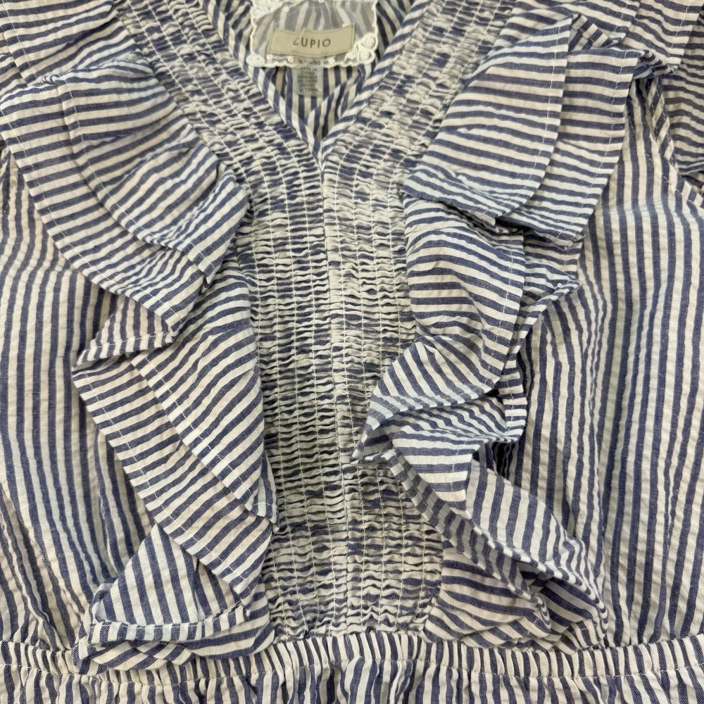 Cupio Seersucker Smocked Top Ruffle Cap Sleeves‎ V-Neck Front Flare Size XL